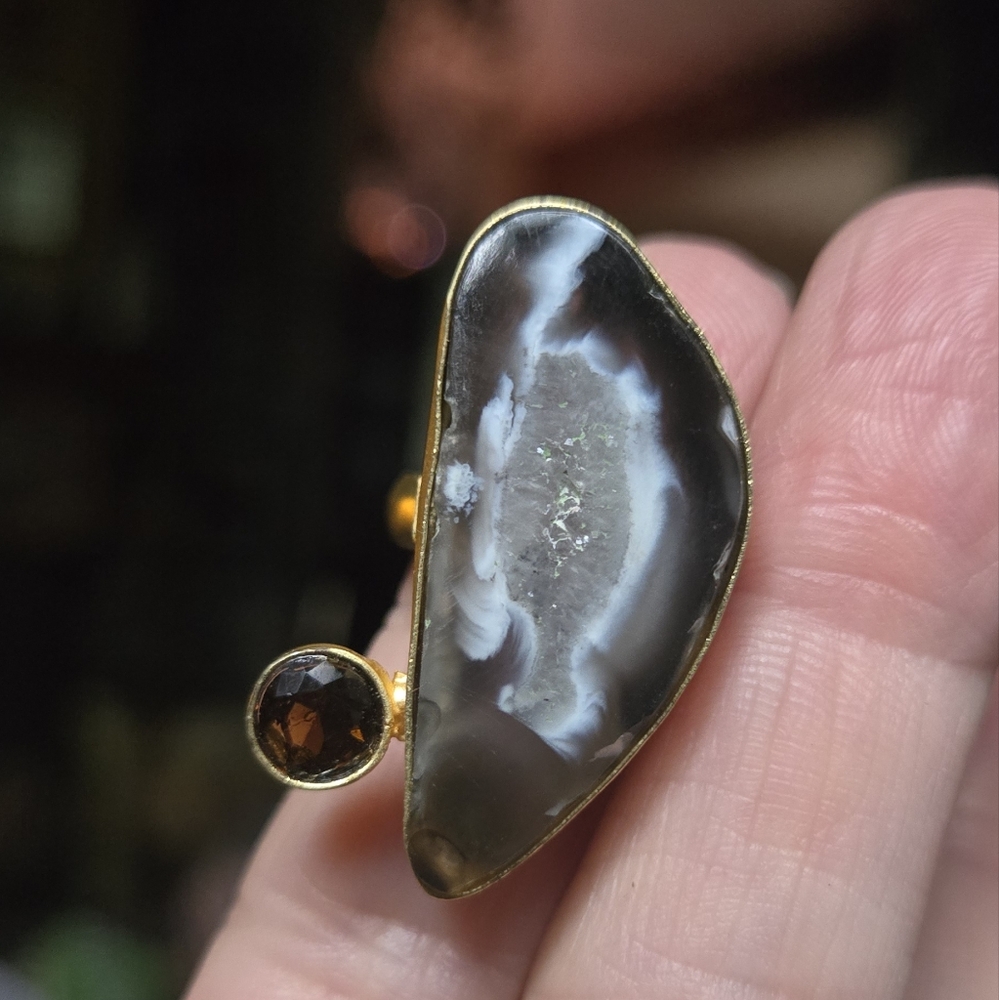 Agate & citrine sterling & gold brushed Ring sz7 adjustable open design - Picture 4 of 9